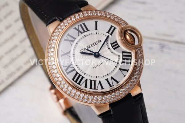 AF Factory Cartier Ballon Bleu WJBB0033 33mm Rose Gold Diamond Bezel Leather Strap Roman Numerals Silver Dial