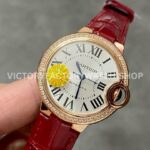 AF Factory Cartier Ballon Bleu WJBB0033 33mm Rose Gold Diamond Bezel Red Leather Strap Roman Numerals Silver Dial