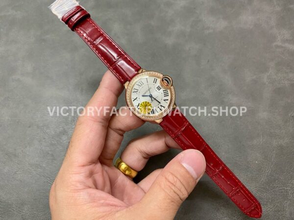 AF Factory Cartier Ballon Bleu WJBB0033 33mm Rose Gold Diamond Bezel Red Leather Strap Roman Numerals Silver Dial