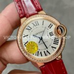 AF Factory Cartier Ballon Bleu WJBB0033 33mm Rose Gold Diamond Bezel Red Leather Strap Roman Numerals Silver Dial