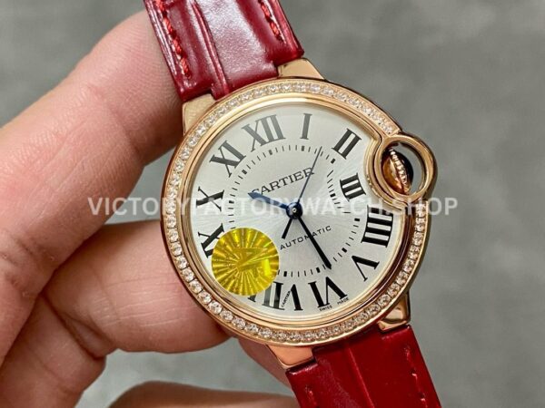AF Factory Cartier Ballon Bleu WJBB0033 33mm Rose Gold Diamond Bezel Red Leather Strap Roman Numerals Silver Dial