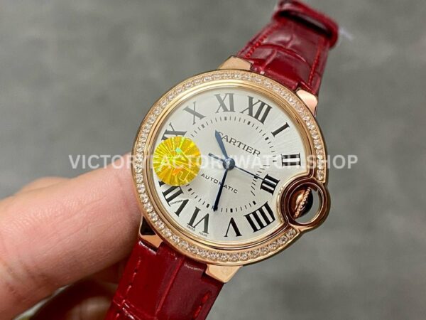 AF Factory Cartier Ballon Bleu WJBB0033 33mm Rose Gold Diamond Bezel Red Leather Strap Roman Numerals Silver Dial