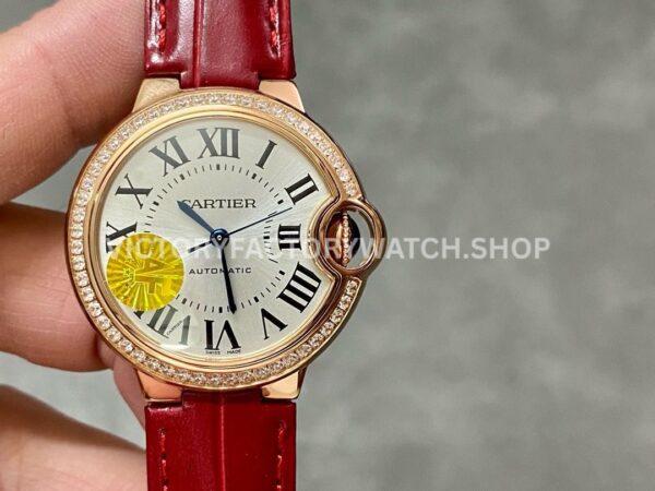 AF Factory Cartier Ballon Bleu WJBB0033 33mm diamond bezel red leather strap silver dial