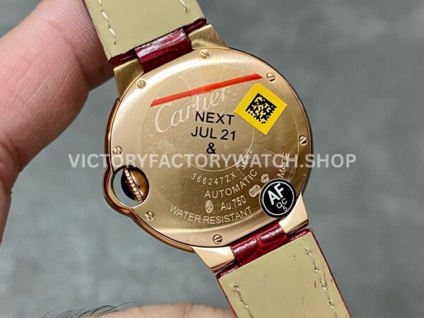 AF Factory Cartier Ballon Bleu WJBB0033 33mm Rose Gold Diamond Bezel Red Leather Strap Roman Numerals Silver Dial