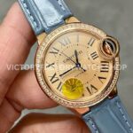 AF Factory Cartier Ballon Bleu WJBB0076 33mm Diamond Bezel Rose Gold Blu (3) AF Factory Cartier Ballon Bleu WJBB0076 33mm Rose Gold Diamond Bezel Blue Leather Strap Roman Numerals Champagne Dial