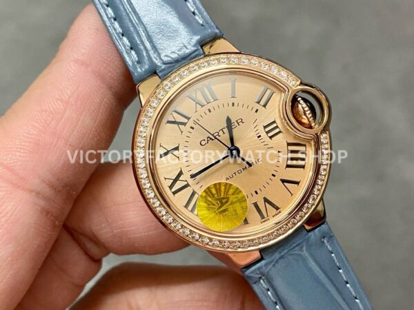 AF Factory Cartier Ballon Bleu WJBB0076 33mm Diamond Bezel Rose Gold Blu (3) AF Factory Cartier Ballon Bleu WJBB0076 33mm Rose Gold Diamond Bezel Blue Leather Strap Roman Numerals Champagne Dial