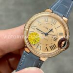 AF Factory Cartier Ballon Bleu WJBB0076 33mm Diamond Bezel Rose Gold Blu (4) AF Factory Cartier Ballon Bleu WJBB0076 33mm Rose Gold Diamond Bezel Blue Leather Strap Roman Numerals Champagne Dial