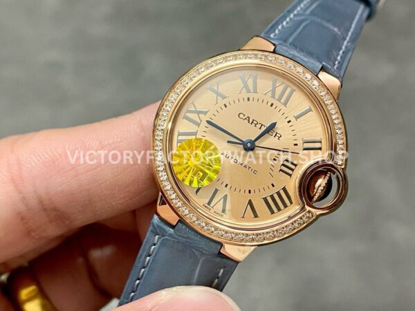 AF Factory Cartier Ballon Bleu WJBB0076 33mm Diamond Bezel Rose Gold Blu (4) AF Factory Cartier Ballon Bleu WJBB0076 33mm Rose Gold Diamond Bezel Blue Leather Strap Roman Numerals Champagne Dial
