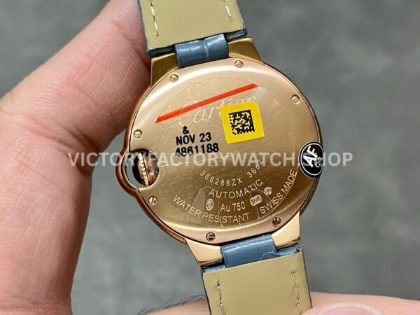 AF Factory Cartier Ballon Bleu WJBB0076 33mm Diamond Bezel Rose Gold Blu (7) AF Factory Cartier Ballon Bleu WJBB0076 33mm Rose Gold Diamond Bezel Blue Leather Strap Roman Numerals Champagne Dial
