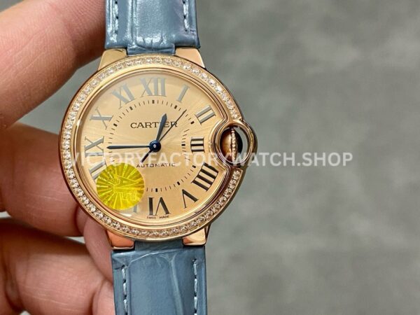 AF Factory Cartier Ballon Bleu WJBB0076 33mm Diamond Bezel Rose Gold Blu (8) AF Factory Cartier Ballon Bleu WJBB0076 33mm diamond bezel champagne dial leather strap