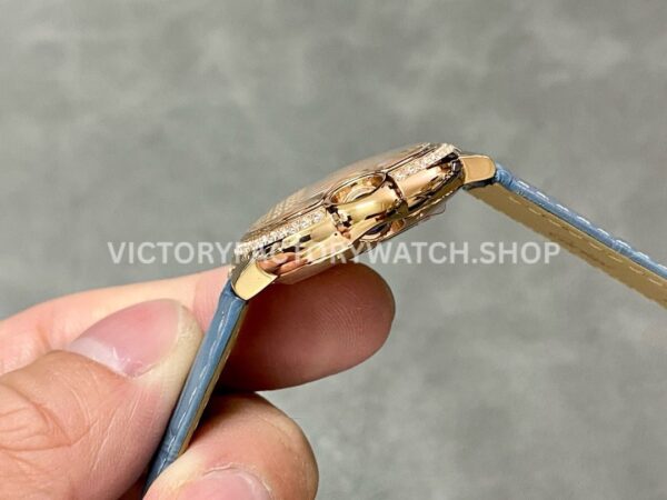 AF Factory Cartier Ballon Bleu WJBB0076 33mm Diamond Bezel Rose Gold Blu (9) AF Factory Cartier Ballon Bleu WJBB0076 33mm Rose Gold Diamond Bezel Blue Leather Strap Roman Numerals Champagne Dial
