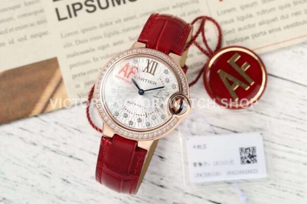 AF Factory Cartier Ballon Bleu WJBB0080 33mm Diamond Bezel Rose Gold Lea AF Factory Cartier Ballon Bleu WJBB0080 33mm rose gold-tone diamond bezel leather strap