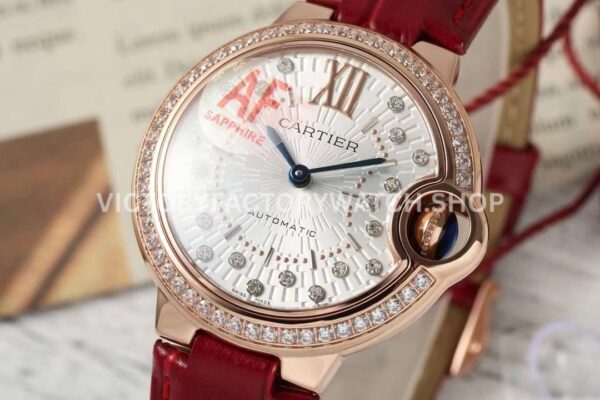 AF Factory Cartier Ballon Bleu WJBB0080 33mm Diamond Bezel Rose Gold Lea (7) AF Factory Cartier Ballon Bleu WJBB0080 33mm Rose Gold Diamond Bezel Leather Strap Diamond Roman Numerals Silver Dial