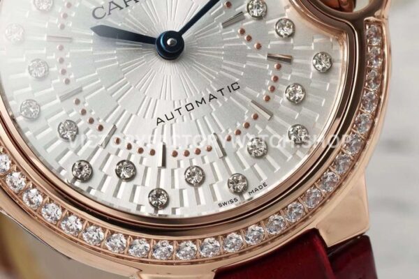 AF Factory Cartier Ballon Bleu WJBB0080 33mm Diamond Bezel Rose Gold Lea (8) AF Factory Cartier Ballon Bleu WJBB0080 33mm Rose Gold Diamond Bezel Leather Strap Diamond Roman Numerals Silver Dial