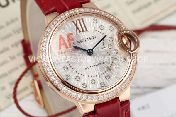 AF Factory Cartier Ballon Bleu WJBB0080 33mm Diamond Bezel Rose Gold Lea (9) AF Factory Cartier Ballon Bleu WJBB0080 33mm Rose Gold Diamond Bezel Leather Strap Diamond Roman Numerals Silver Dial