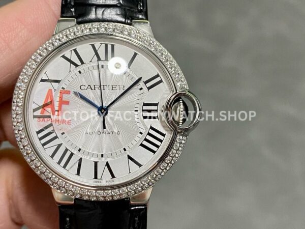 AF Factory Cartier Ballon Bleu WSBB0028 36mm Diamond Steel Leather Strap White Dial (1) AF Factory Cartier Ballon Bleu WSBB0028 36mm diamond bezel black leather strap white dial