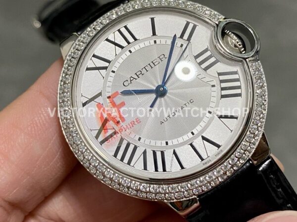 AF Factory Cartier Ballon Bleu WSBB0028 36mm Diamond Steel Leather Strap White Dial (7) AF Factory Cartier Ballon Bleu WSBB0028 36mm Black Leather Strap Diamond Bezel Roman Numerals White Dial