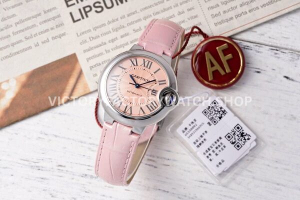 AF Factory Cartier Ballon Bleu WSBB0031 33mm Steel Leather Strap Roman Numerals Pink Dial (3) AF Factory Cartier Ballon Bleu WSBB0031 33mm steel leather strap pink dial