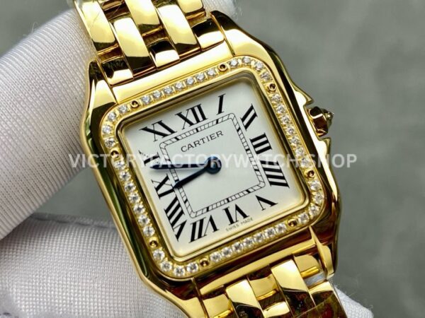 AF Factory Cartier Panthère WJPN0016 27mm Diamond Bezel Full Yellow Gold Roman Numerals Silver Dial