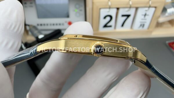 AF Factory Cartier Santos Dumont 27.5mm Yellow Gold Green Leather Strap Roman Numerals Black Dial