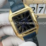 AF Factory Cartier Santos Dumont 27.5mm Yellow Gold Green Leather Strap Roman Numerals Black Dial