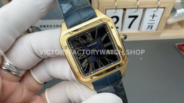 AF Factory Cartier Santos Dumont 27.5mm Yellow Gold Green Leather Strap Roman Numerals Black Dial