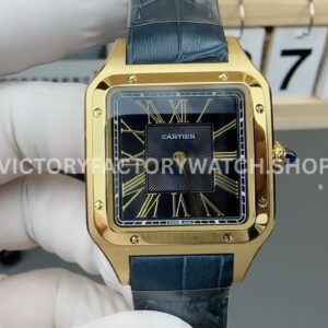 AF Factory Cartier Santos Dumont 27.5mm yellow gold case green leather strap black dial