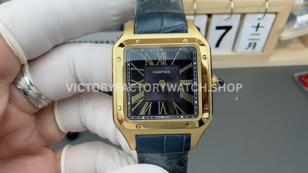 AF Factory Cartier Santos Dumont 27.5mm yellow gold case green leather strap black dial