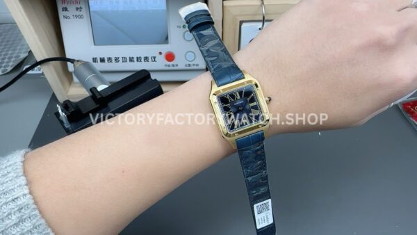 AF Factory Cartier Santos Dumont 27.5mm Yellow Gold Green Leather Strap Roman Numerals Black Dial