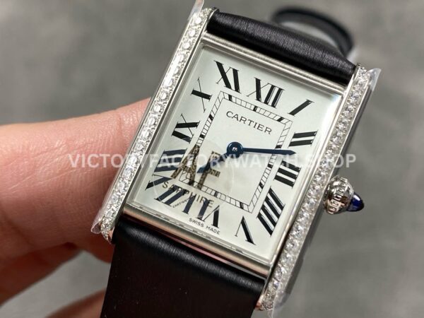 AF Factory Cartier Tank WSTA0109 25.5mm Black Leather Strap Diamond Bezel Roman Numerals White Dial