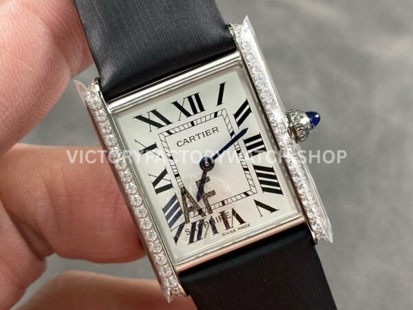 AF Factory Cartier Tank WSTA0109 25.5mm Black Leather Strap Diamond Bezel Roman Numerals White Dial