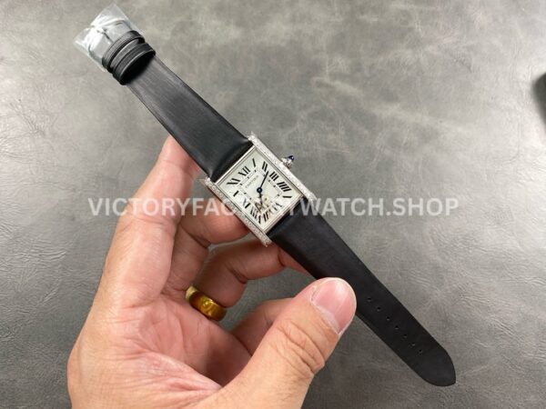 AF Factory Cartier Tank WSTA0109 25.5mm Black Leather Strap Diamond Bezel Roman Numerals White Dial