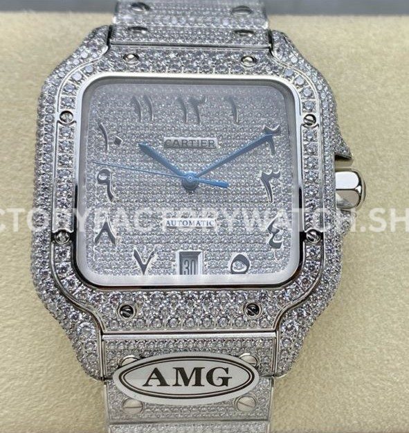 AMG Factory Cartier Santos 40mm Full Diamond Arabic Number Diamond Dial (3) AMG Factory Cartier Santos 40mm full diamond color diamond dial