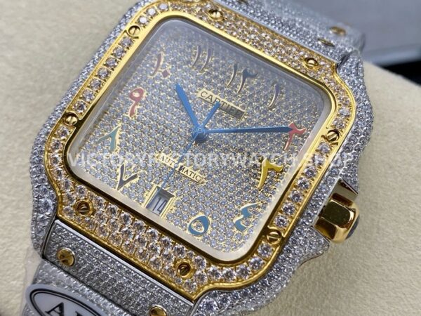 AMG Factory Cartier Santos 40mm Full Diamond Gold Diamond Steel Color Arabic Number Diamond Dial