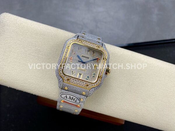 AMG Factory Cartier Santos 40mm Full Diamond Gold Diamond Steel Color Arabic Number Diamond Dial