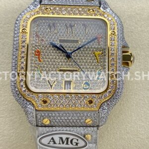 AMG Factory Cartier Santos 40mm Full Diamond Gold Diamond Steel Color Arabic Number Diamond Dial (6) AMG Factory Cartier Santos 40mm full diamond gold color Arabic diamond dial
