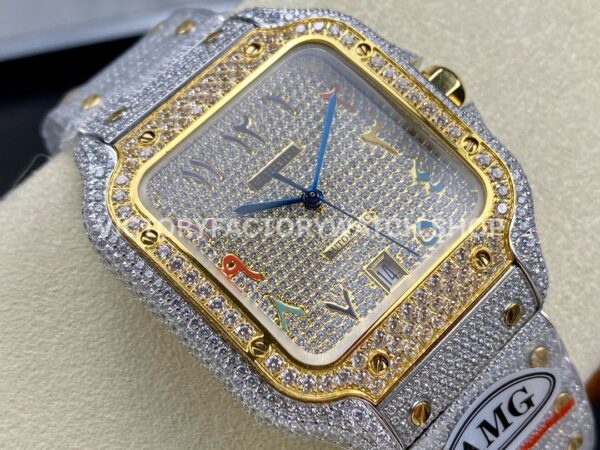 AMG Factory Cartier Santos 40mm Full Diamond Gold Diamond Steel Color Arabic Number Diamond Dial