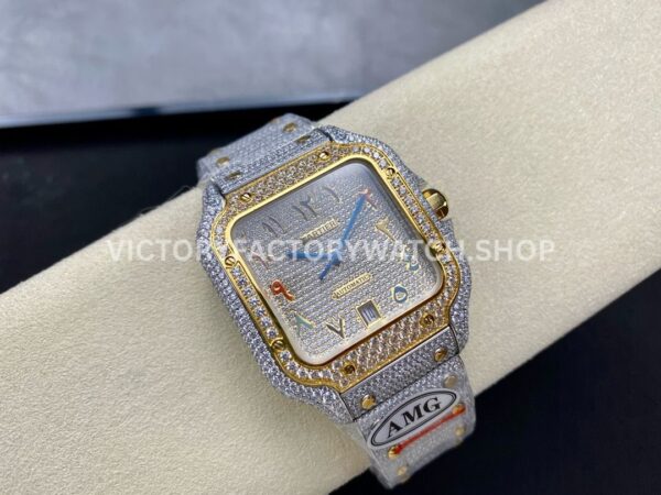 AMG Factory Cartier Santos 40mm Full Diamond Gold Diamond Steel Color Arabic Number Diamond Dial