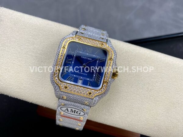 AMG Factory Cartier Santos 40mm Full Diamond Gold Diamond Steel Roman Number Blue Dial