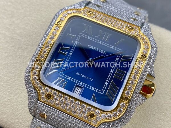 AMG Factory Cartier Santos 40mm Full Diamond Gold Diamond Steel Roman Number Blue Dial
