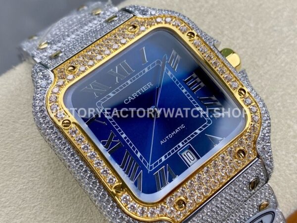 AMG Factory Cartier Santos 40mm Full Diamond Gold Diamond Steel Roman Number Blue Dial