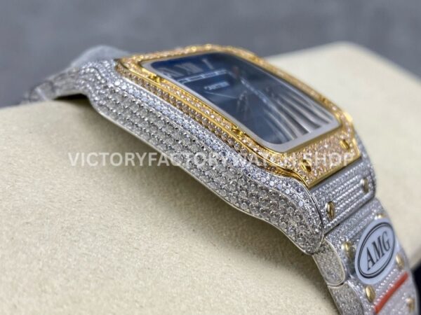 AMG Factory Cartier Santos 40mm Full Diamond Gold Diamond Steel Roman Number Blue Dial