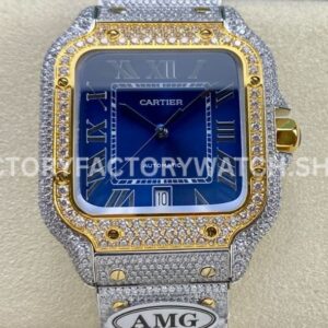 AMG Factory Cartier Santos 40mm Full Diamond Gold Diamond Steel Roman Number Blue Dial (9) AMG Factory Cartier Santos 40mm full diamond gold blue dial