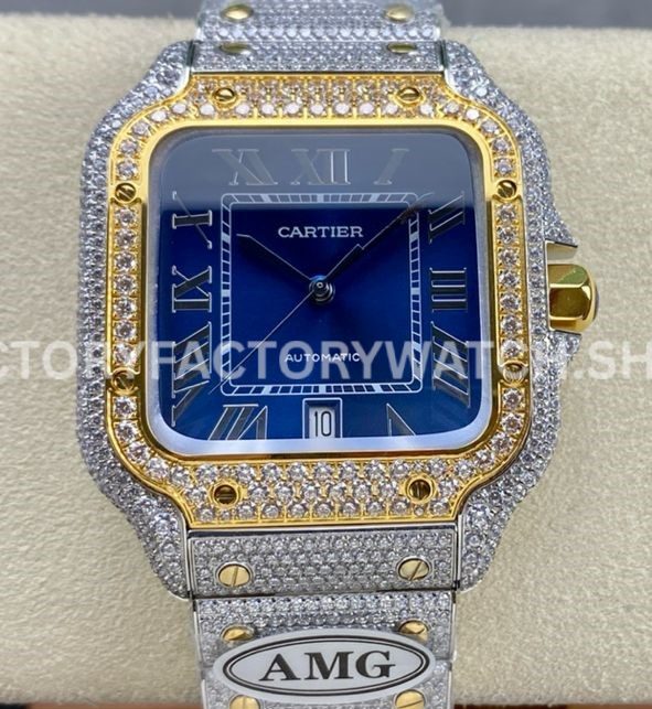 AMG Factory Cartier Santos 40mm full diamond gold blue dial