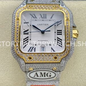 AMG Factory Cartier Santos 40mm Full Diamond Gold Diamond Steel Roman Number White Dial (5) AMG Factory Cartier Santos 40mm full diamond gold white dial