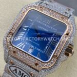 AMG Factory Cartier Santos 40mm Full Diamond Rose Gold Diamond Steel Roman Number Blue Dial
