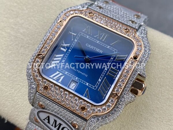 AMG Factory Cartier Santos 40mm Full Diamond Rose Gold Diamond Steel Roman Number Blue Dial