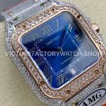 AMG Factory Cartier Santos 40mm Full Diamond Rose Gold Diamond Steel Roman Number Blue Dial