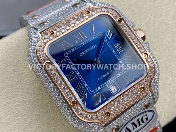 AMG Factory Cartier Santos 40mm Full Diamond Rose Gold Diamond Steel Roman Number Blue Dial