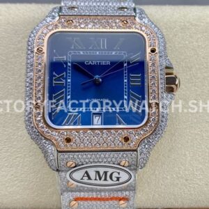 AMG Factory Cartier Santos 40mm Full Diamond Rose Gold Diamond Steel Roman Number Blue Dial (5) AMG Factory Cartier Santos 40mm full diamond rose gold blue dial